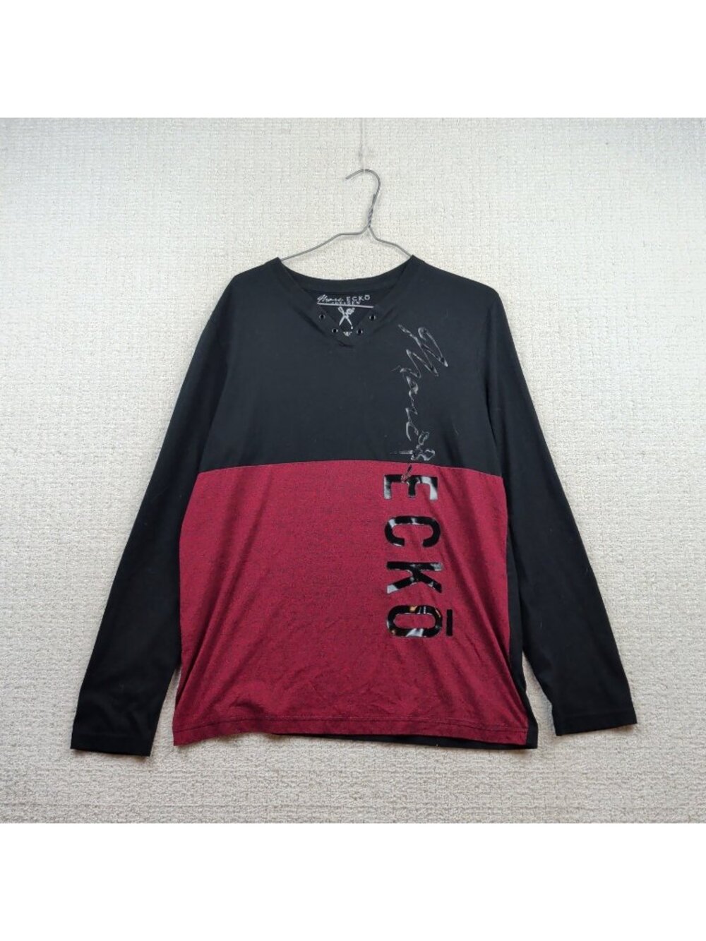 Y2K Mark Ecko Cut & Sew Men's M Red Black Graphic Long Sleeve T-Shirt V-Neck